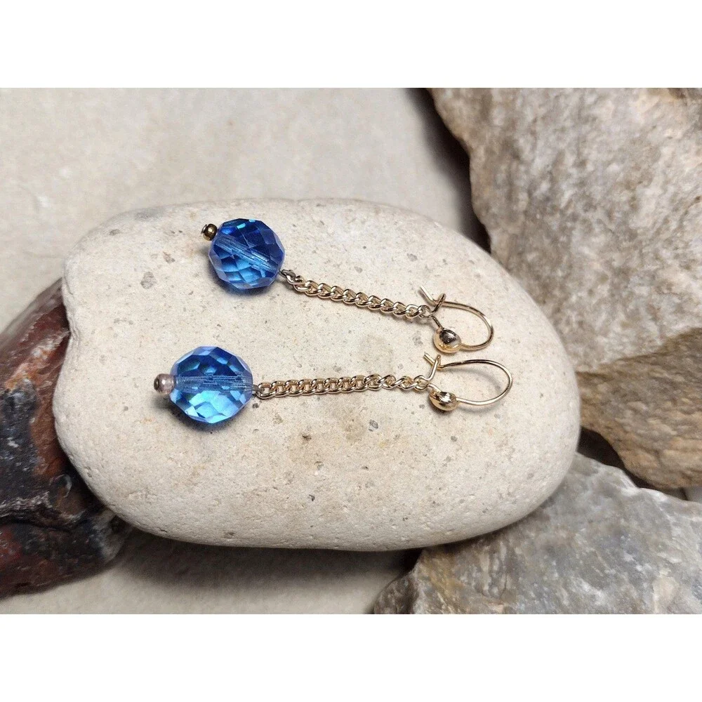 Blue Crystal Bead Gold Plated Chain Drop Dangle Earrings
